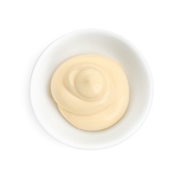 Photo of Fresh mayonnaise sauce in bowl isolated on white, top view