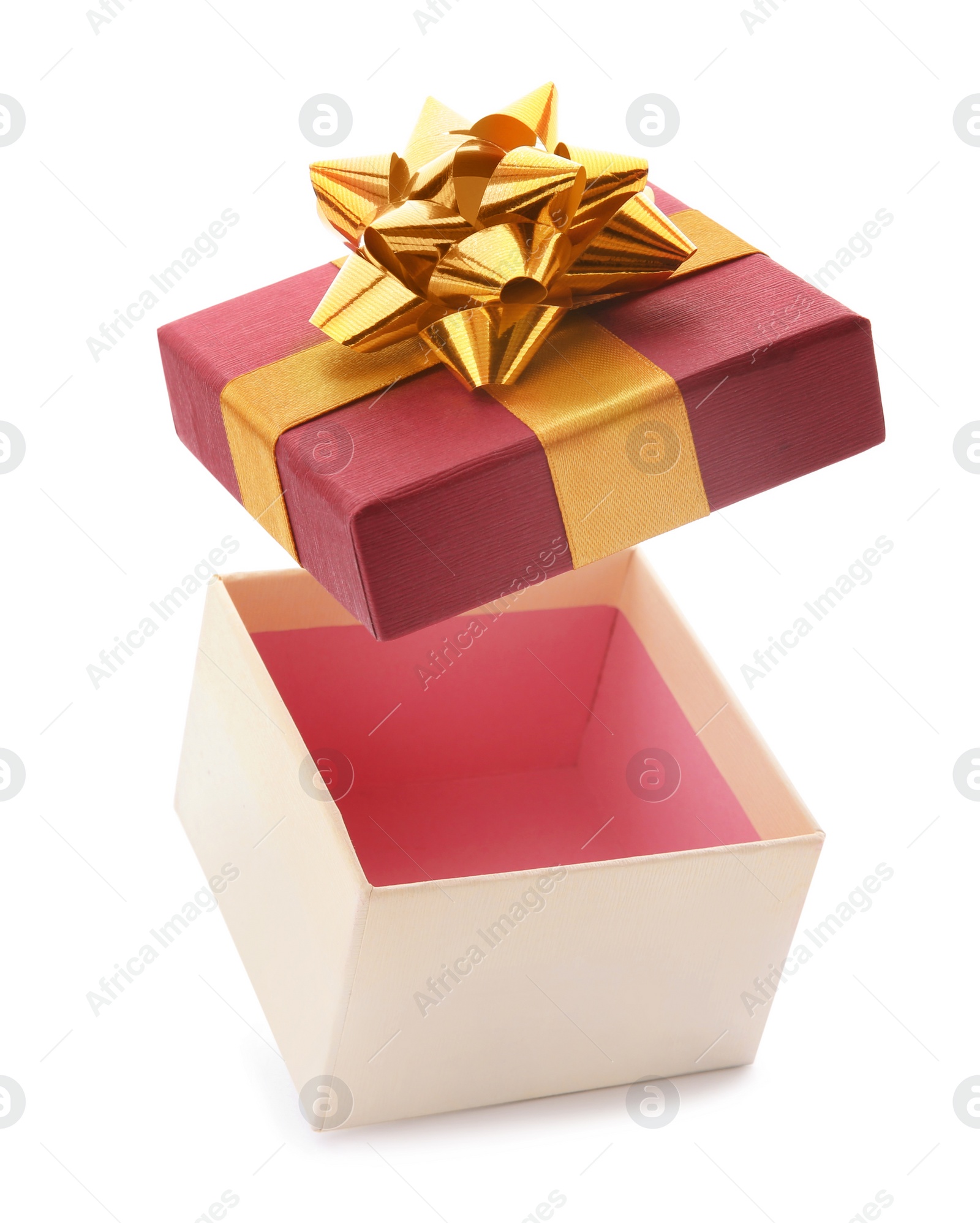 Photo of Open empty gift box with bow on white background