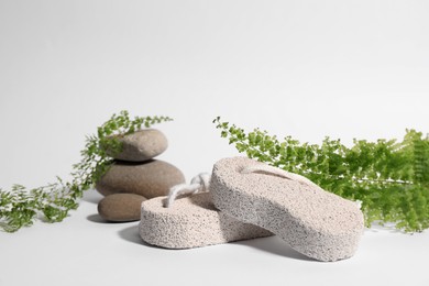 Photo of Pumice stone and green leaves on white background