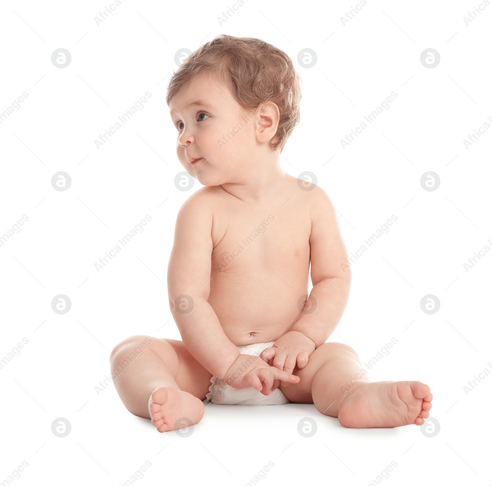 Photo of Cute little baby in diaper on white background