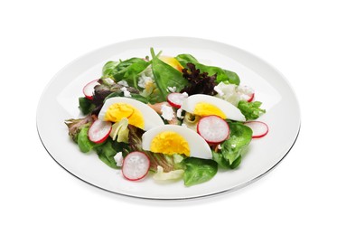 Photo of Delicious salad with boiled egg, radish and cheese isolated on white