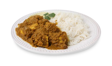 Photo of Delicious chicken curry with rice isolated on white