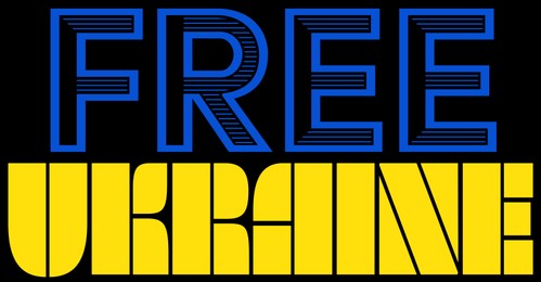 Free Ukraine. Phrase in colors of Ukrainian flag on black background, banner design