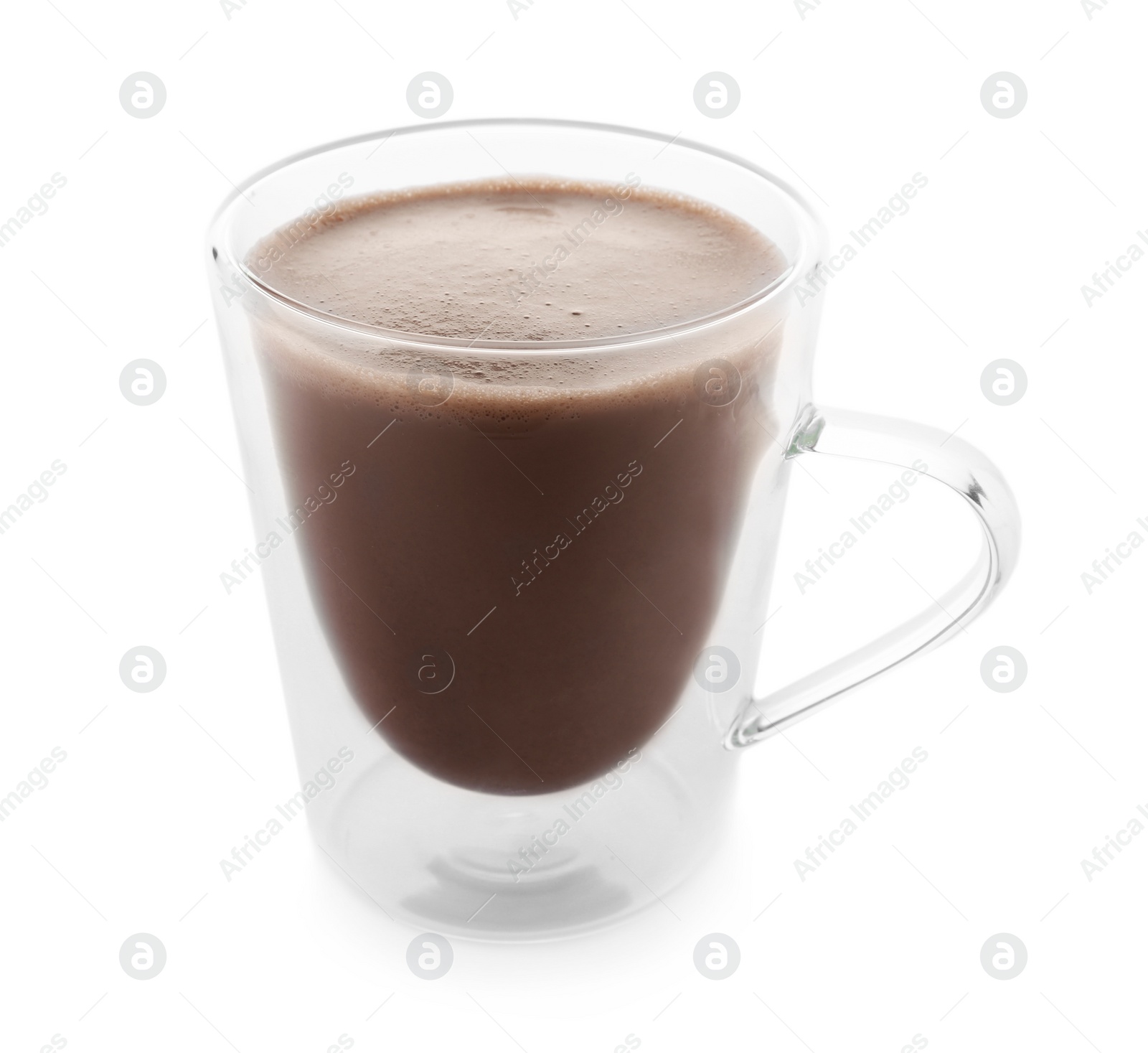 Photo of Delicious cocoa in glass cup on white background