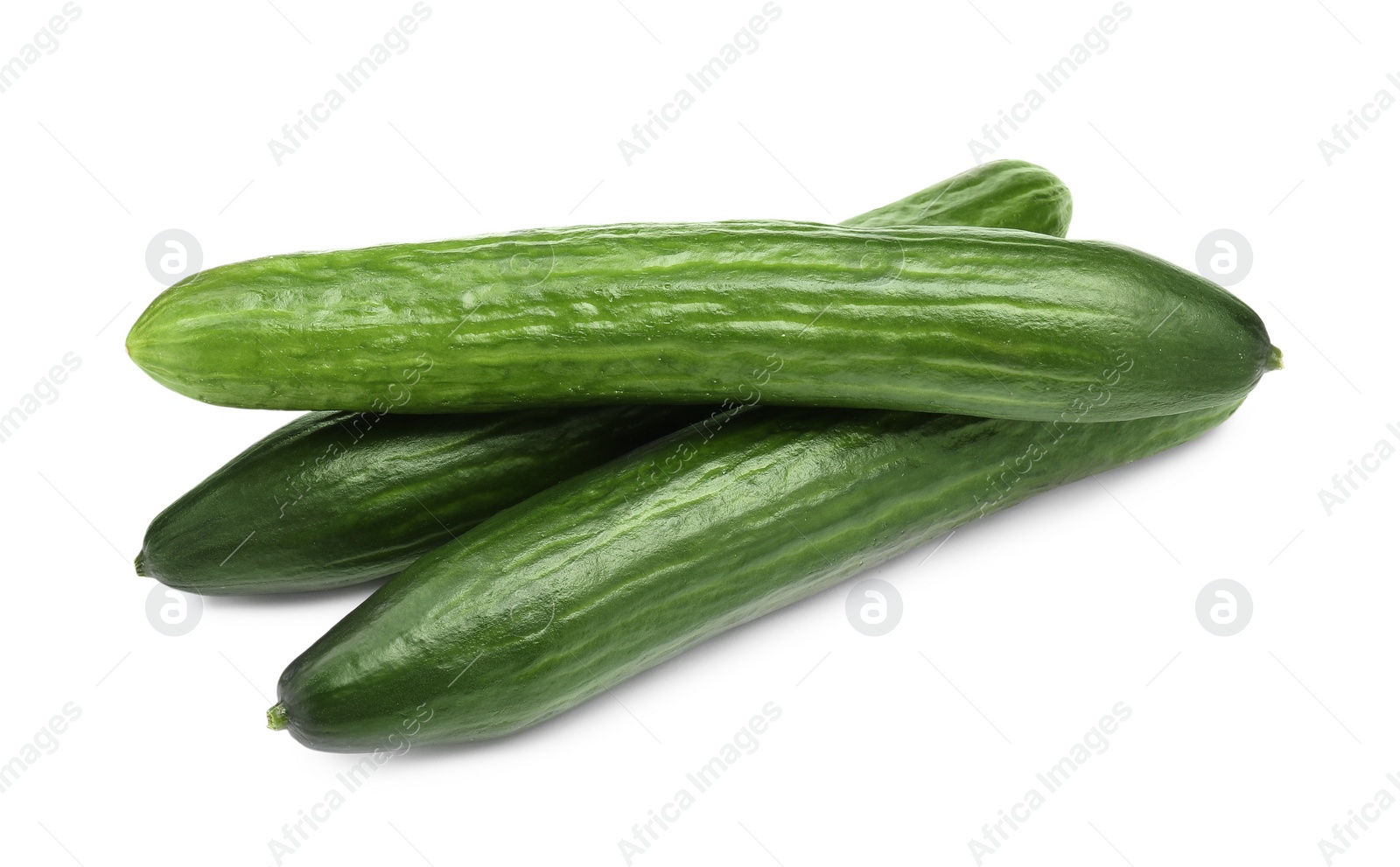 Photo of Many long fresh cucumbers isolated on white