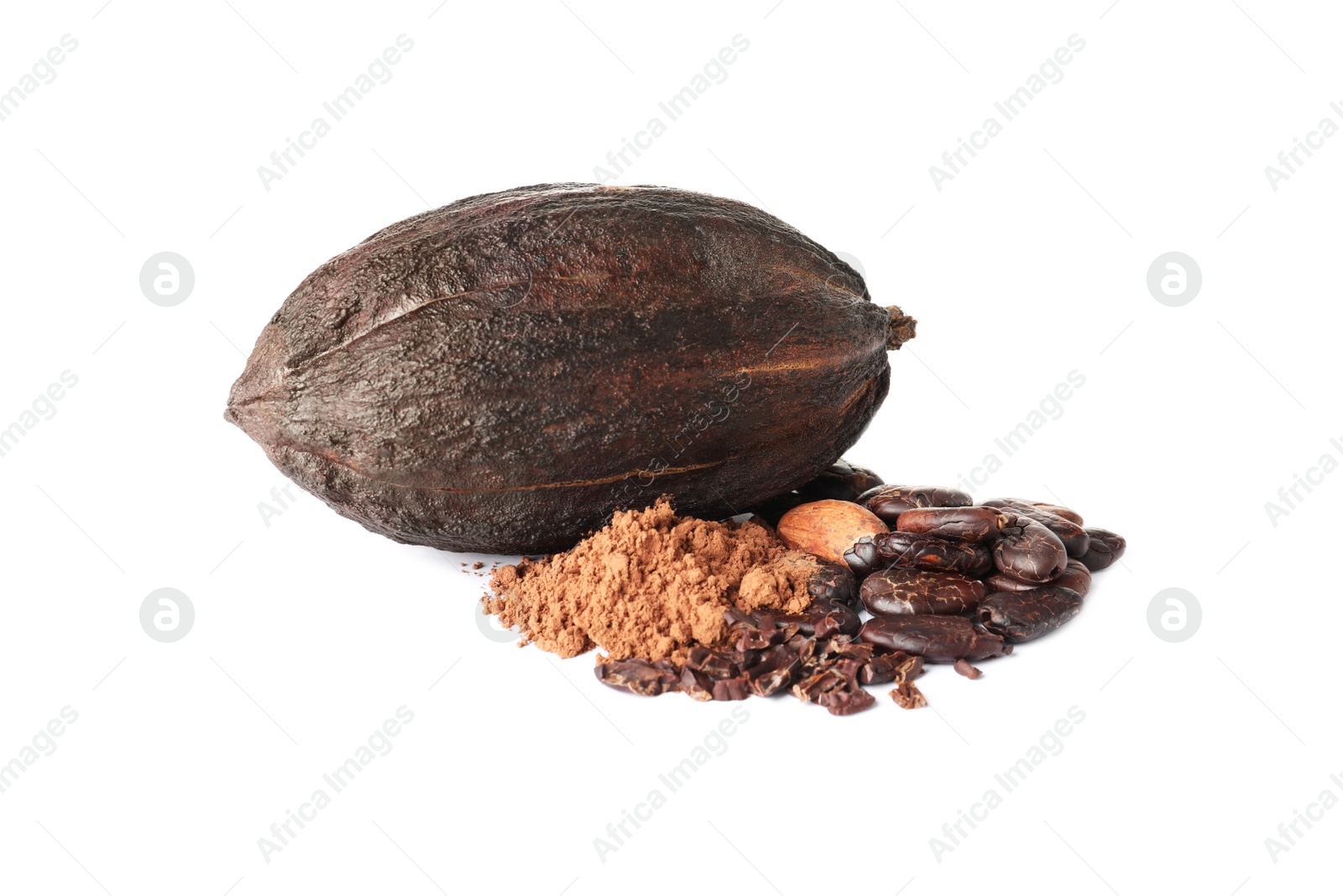 Photo of Cocoa pod, beans and powder on white background