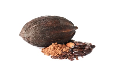 Cocoa pod, beans and powder on white background
