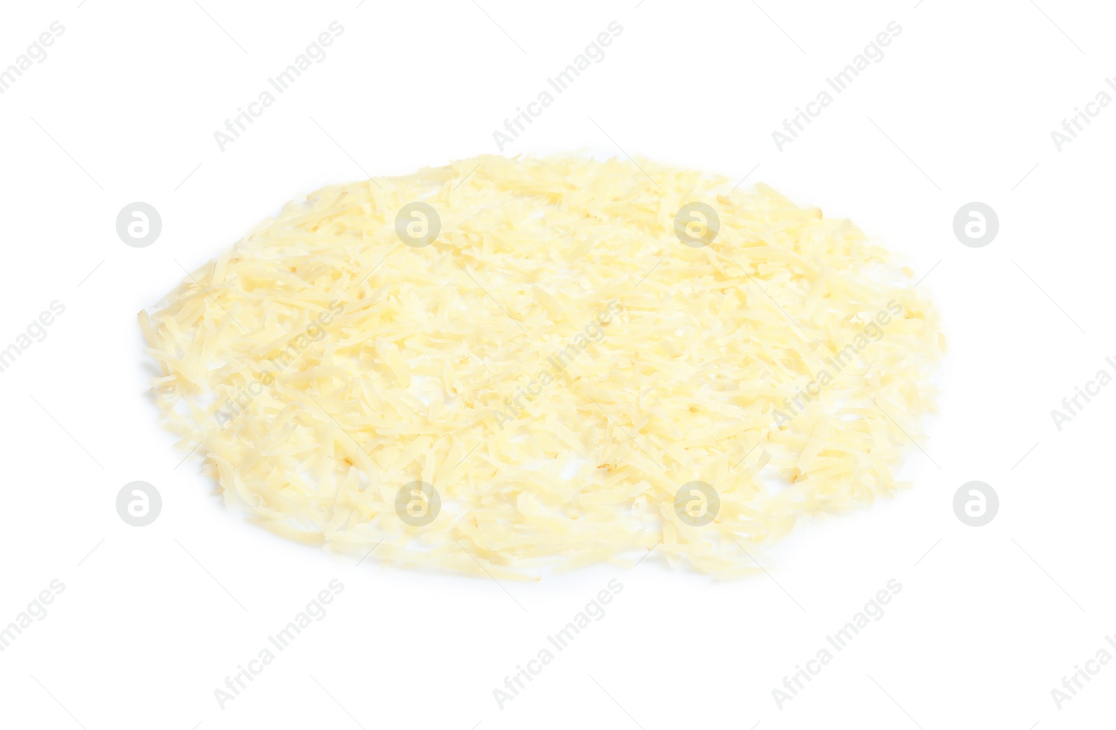 Photo of Grated cheese as layer for pizza isolated on white