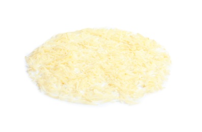 Photo of Grated cheese as layer for pizza isolated on white