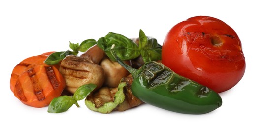 Photo of Mix of delicious grilled vegetables on white background