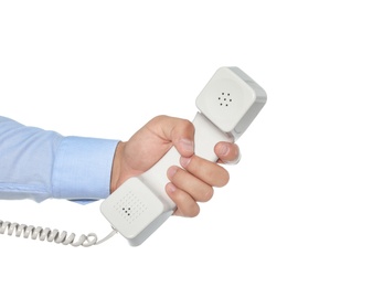 Photo of Man holding telephone receiver on white background