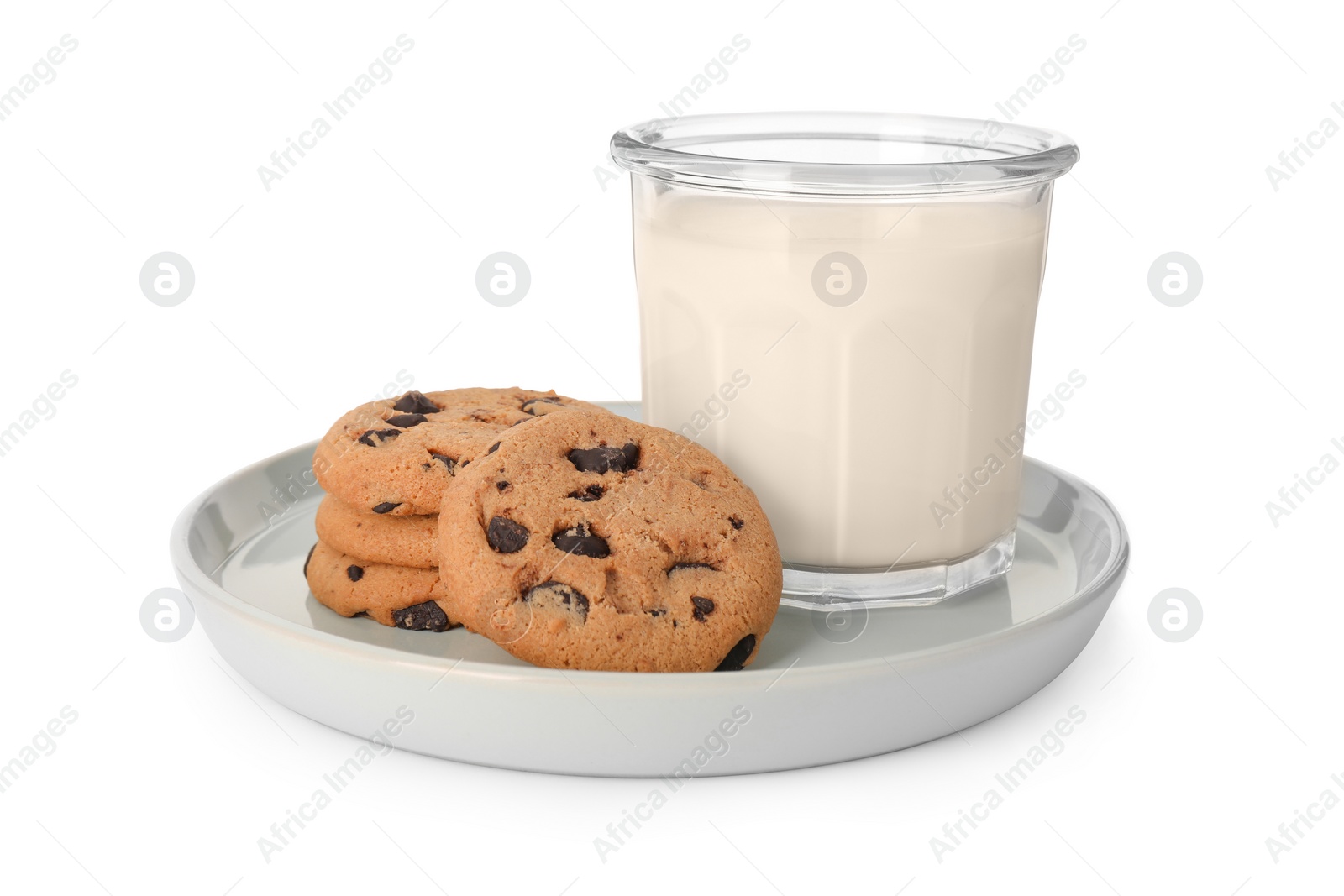 Photo of Delicious chocolate chip cookies and milk isolated on white