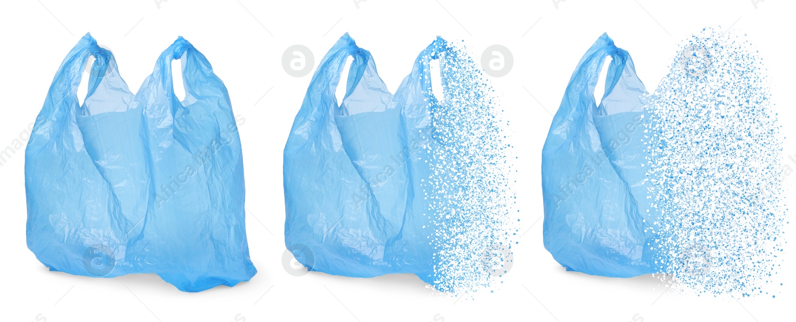 Image of Blue disposable bag vanishing on white background, set. Plastic decomposition
