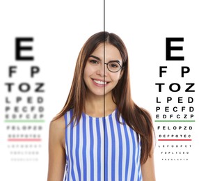 Collage with photos of woman with and without glasses and eye charts on white background. Visual acuity testing