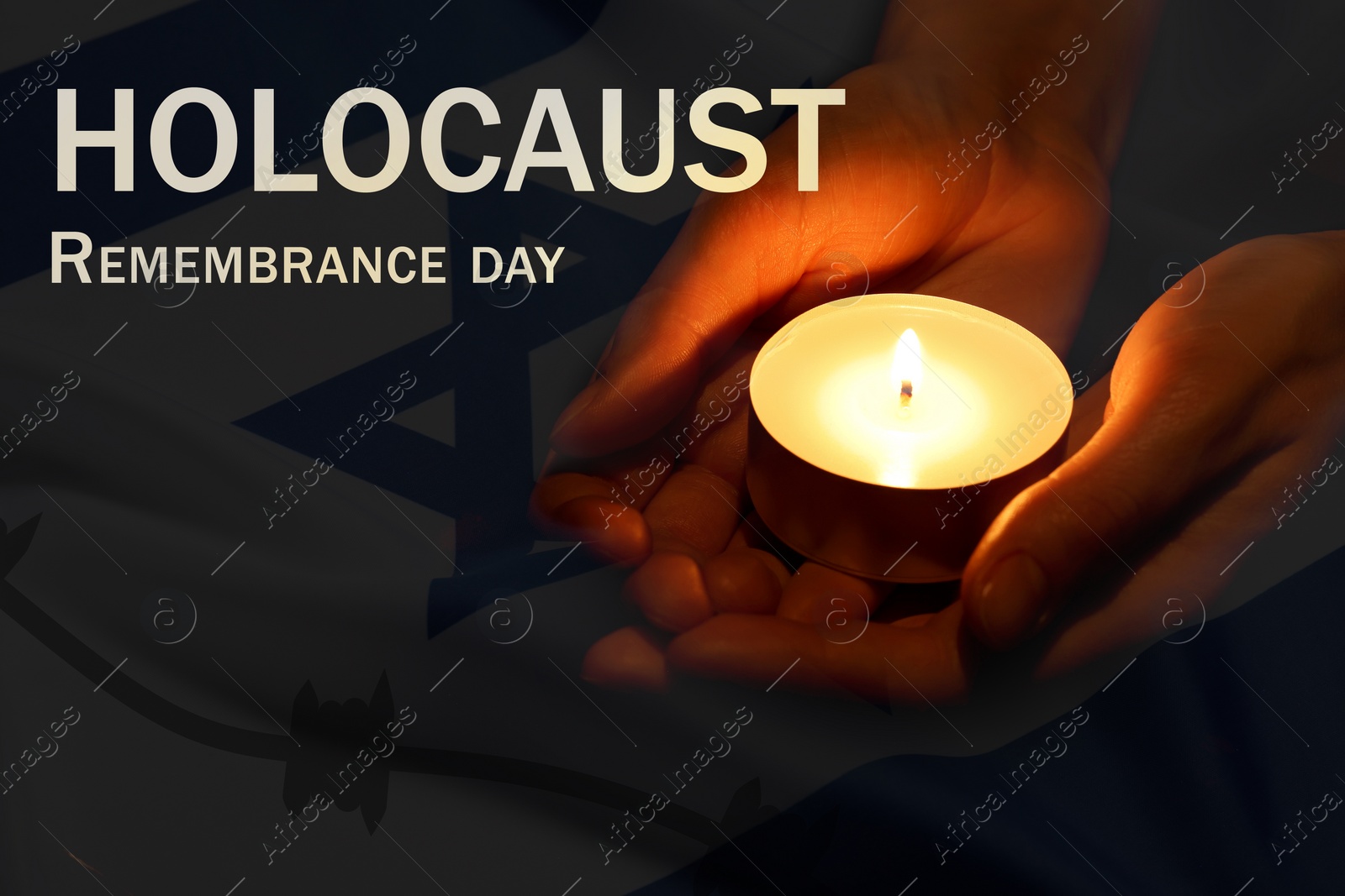 Image of Holocaust Remembrance Day. Woman holding burning candle and flag of Israel, double exposure