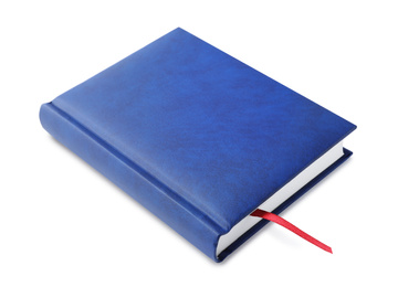 Photo of Stylish blue hardcover notebook isolated on white