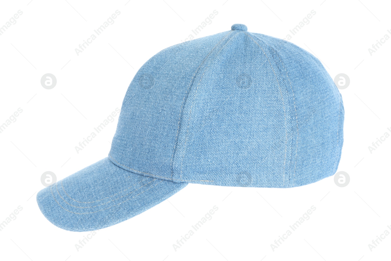 Photo of Stylish light blue baseball cap on white background