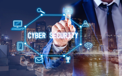 Cyber security concept. Double exposure of cityscape and businessman touching virtual screen, closeup