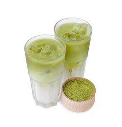 Glasses of tasty iced matcha latte and powder isolated on white