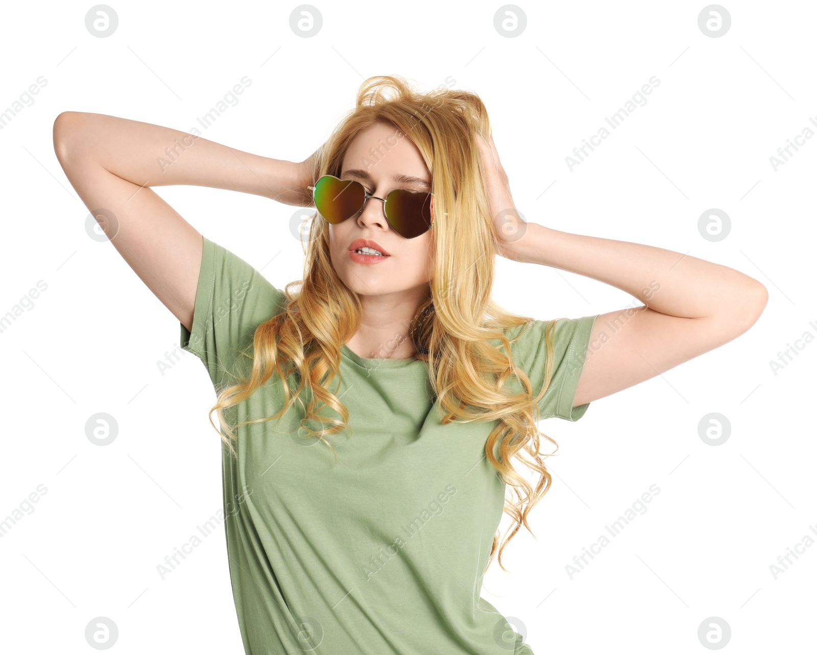 Photo of Portrait of beautiful young woman with dyed long hair on white background