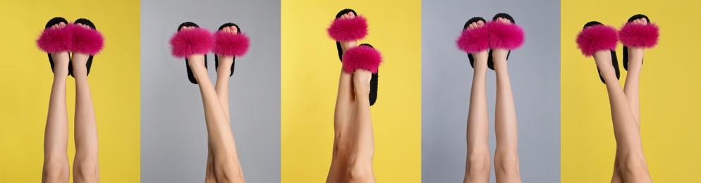 Image of Collage with photos of women wearing stylish slippers on different color backgrounds, closeup. Banner design