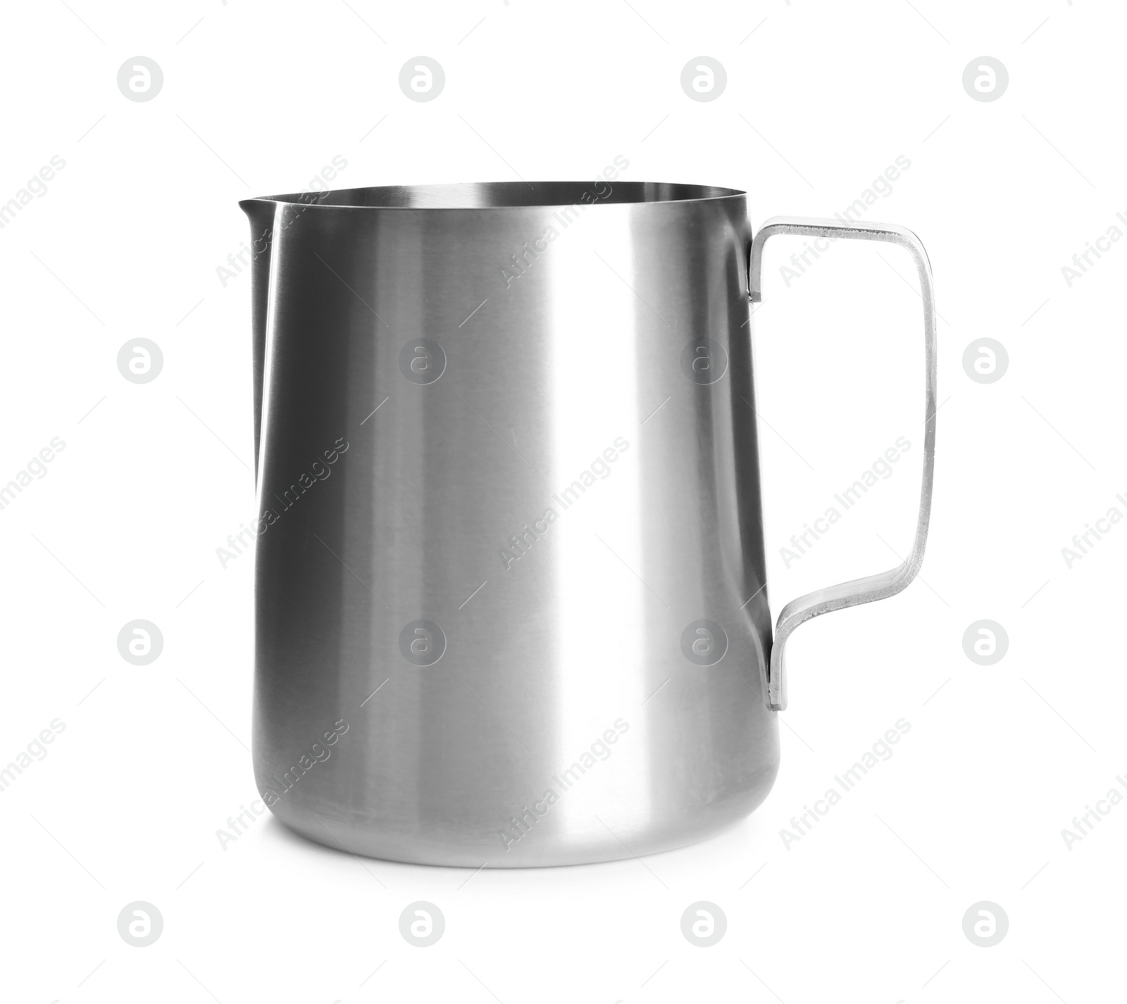 Photo of New metal jug isolated on white. Cooking utensil