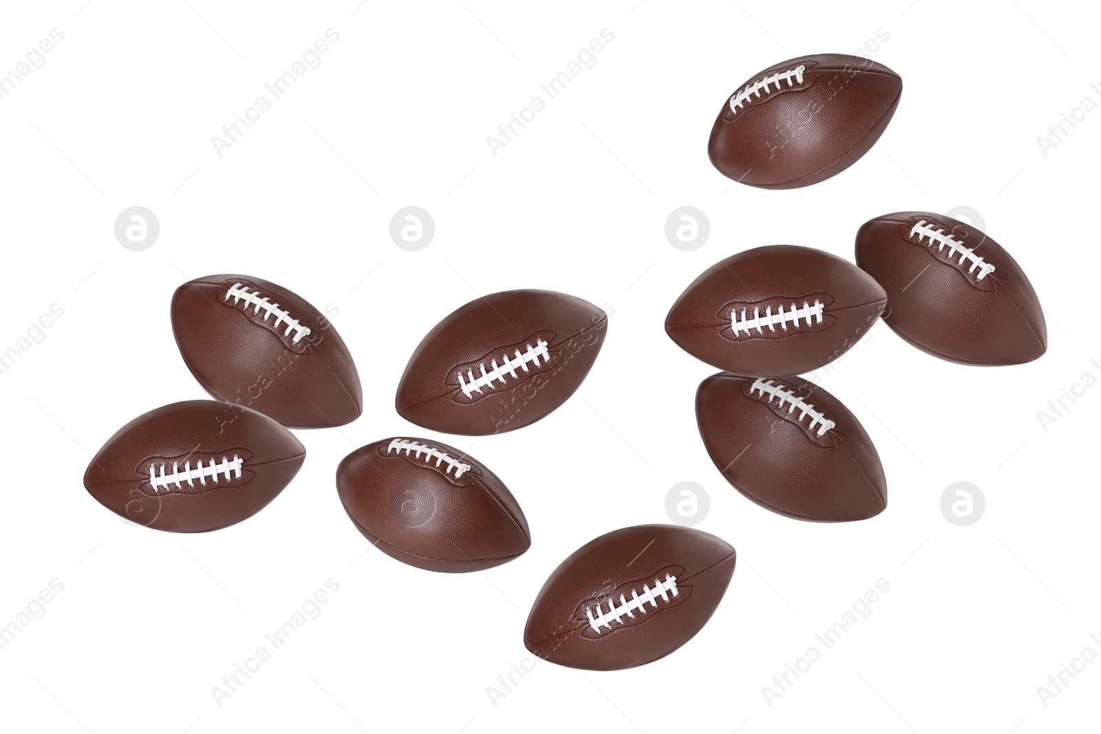Image of Many American football balls flying on white background