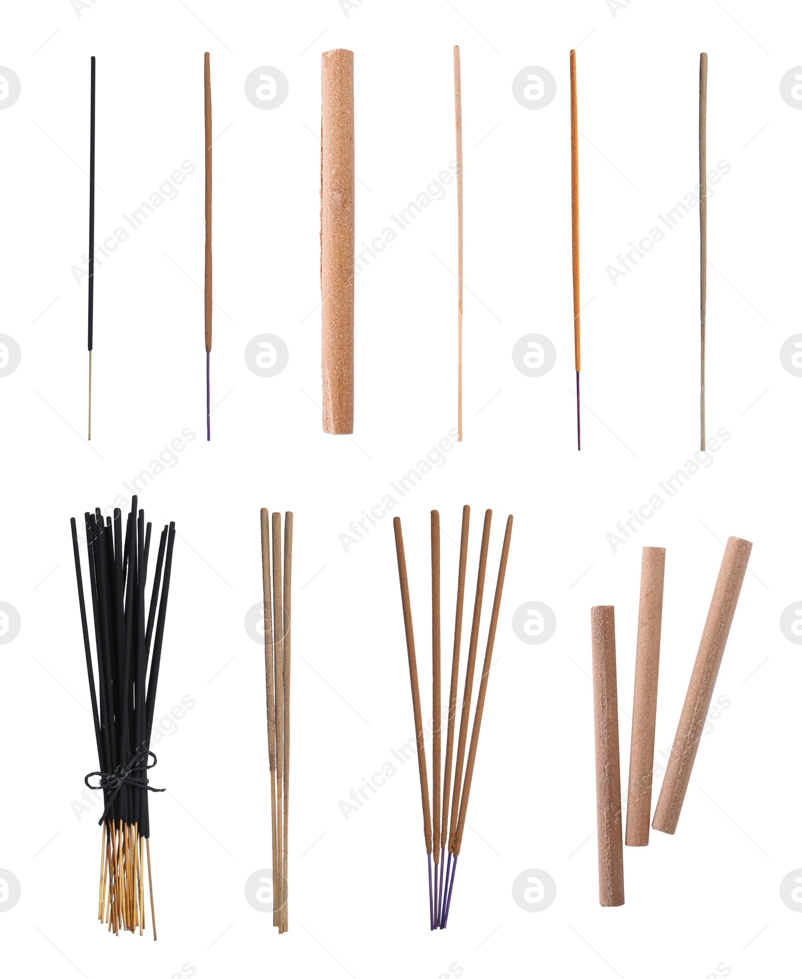 Image of Set with aromatic incense sticks on white background 