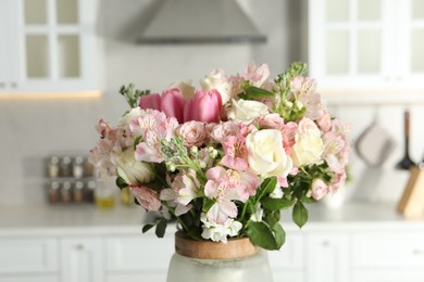 Beautiful bouquet of fresh flowers in vase indoors