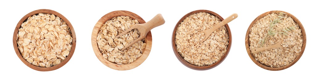 Image of Rolled oats in bowls isolated on white, collection. Top view