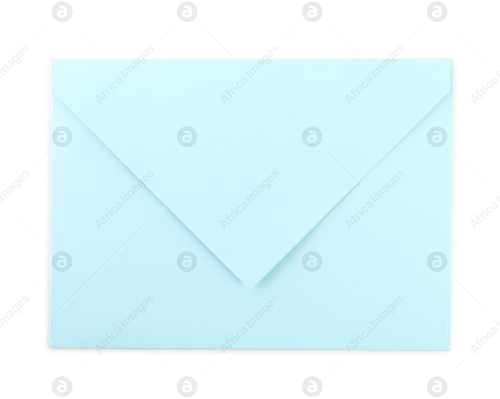 Photo of Closed light blue letter envelope isolated on white, top view