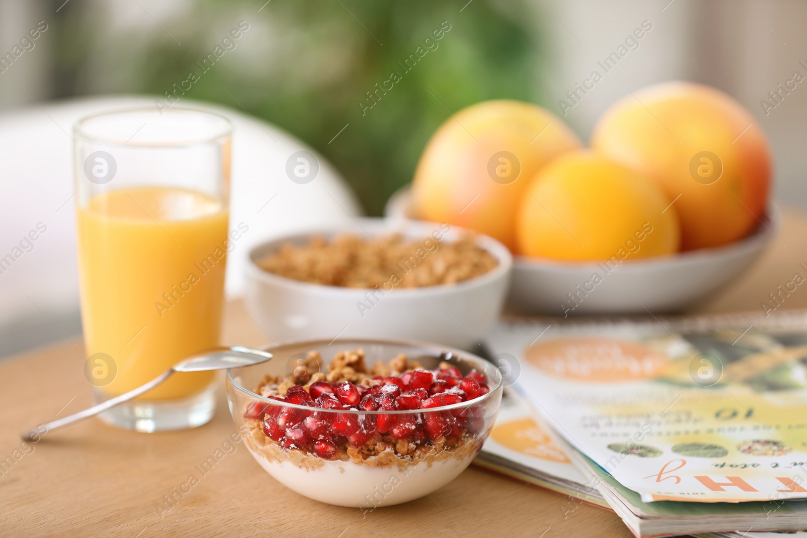 Photo of Healthy breakfast served on table at home. Fitness diet