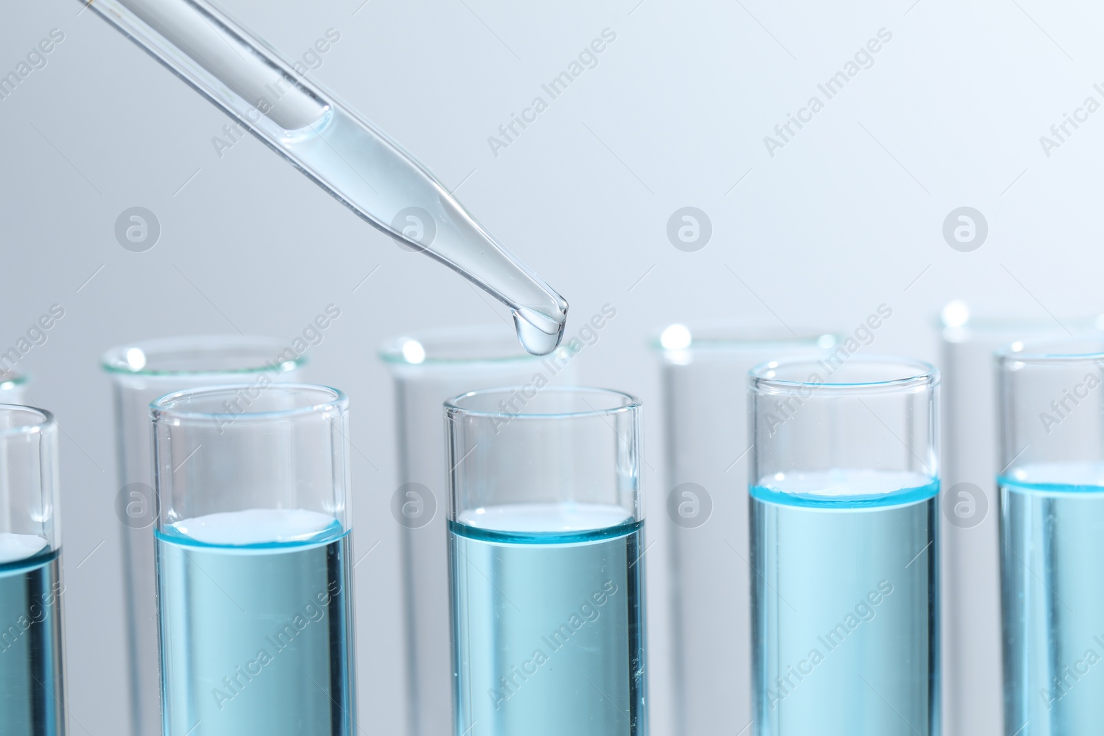 Photo of Dripping liquid from pipette into test tube on light background, closeup