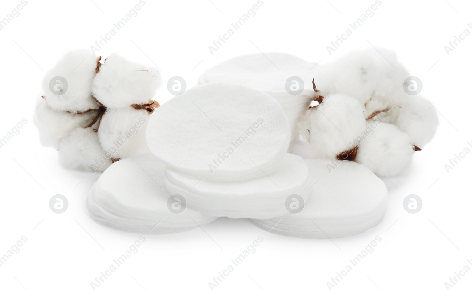 Photo of Composition with cotton pads and flowers on white background