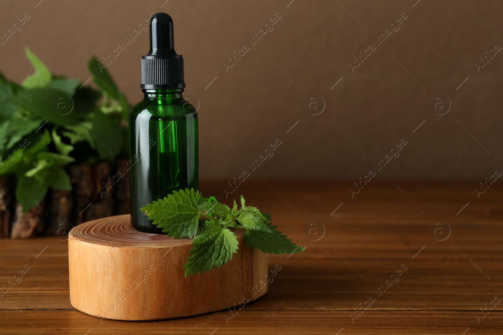 Photo of Glass bottle of nettle oil with dropper and leaves on wooden table against brown background, space for text