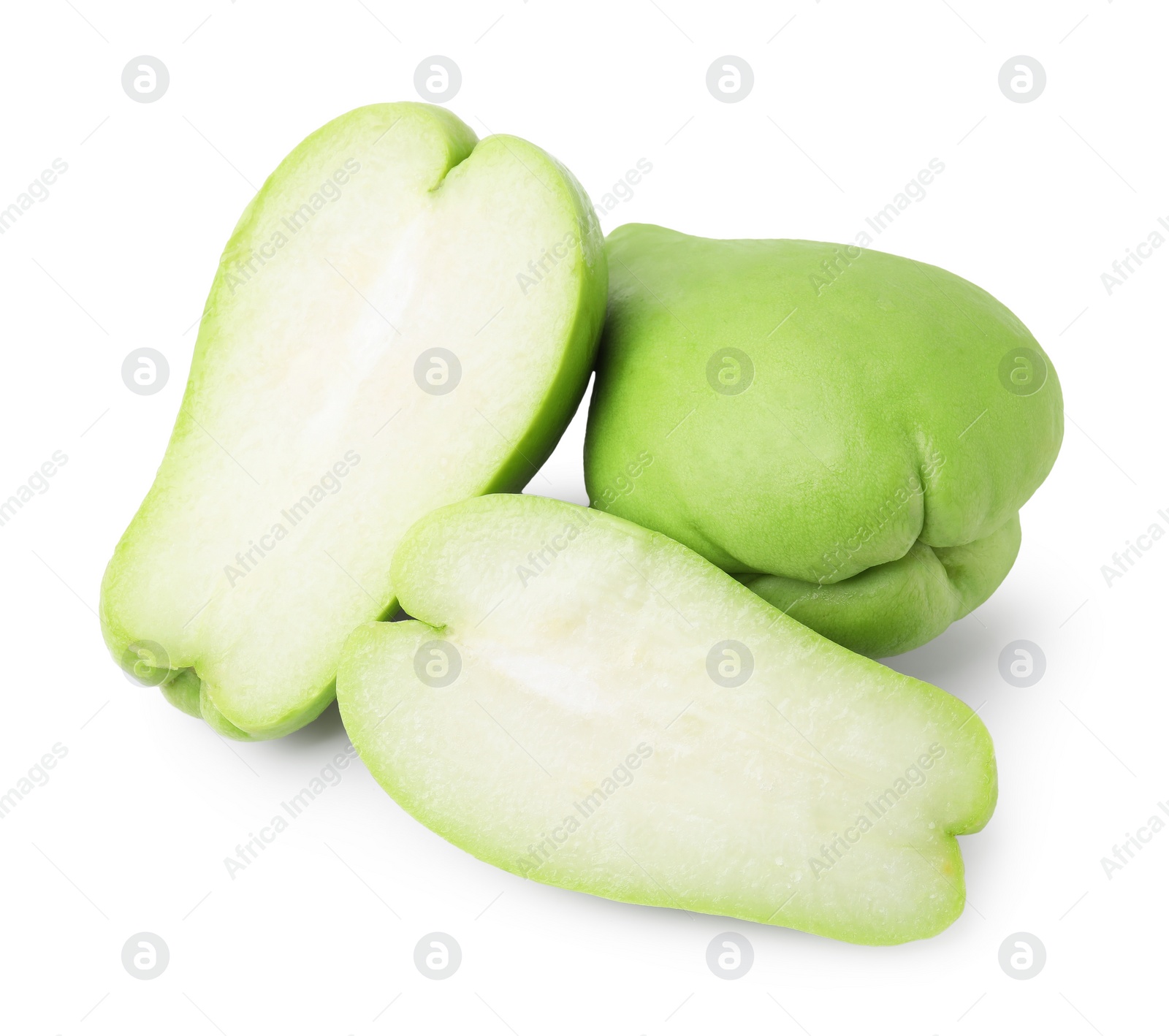 Photo of Cut and whole chayote isolated on white