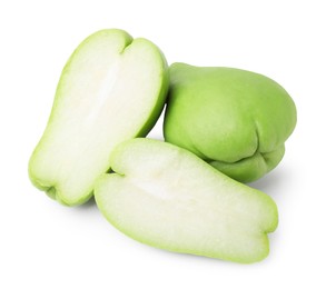 Photo of Cut and whole chayote isolated on white