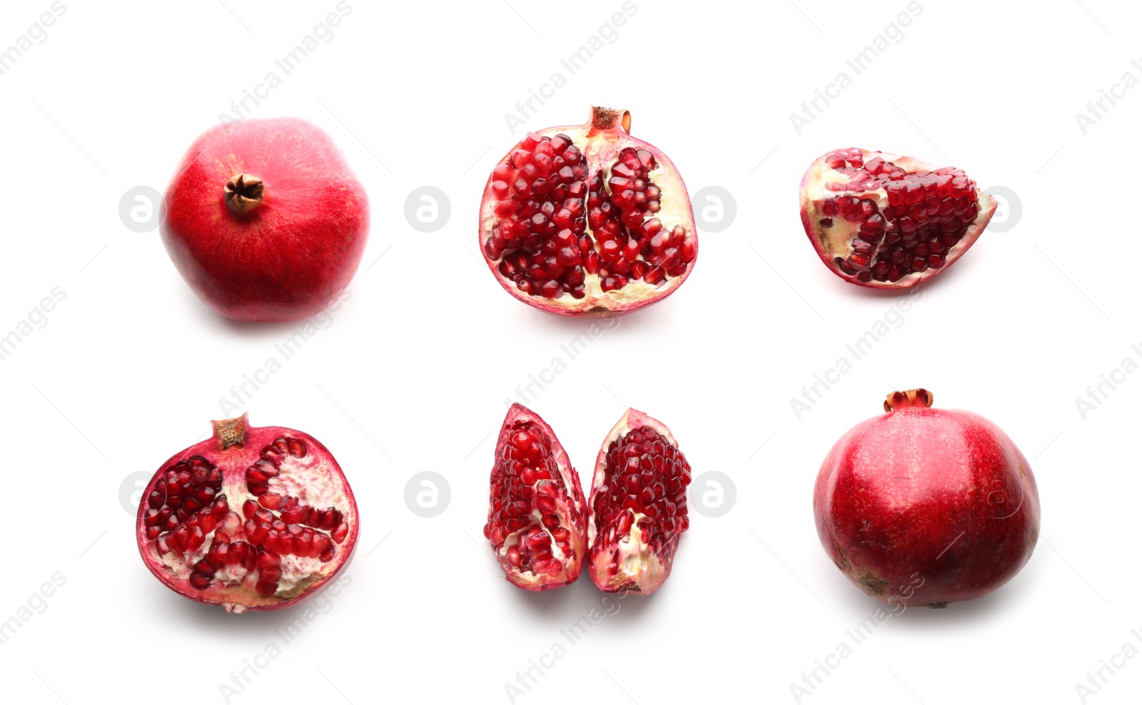 Photo of Ripe pomegranates on white background, flat lay. Delicious fruit