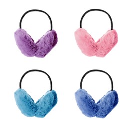 Set with different colorful soft earmuffs on white background