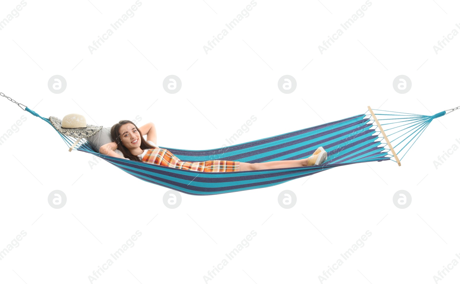 Photo of Woman resting in hammock on white background