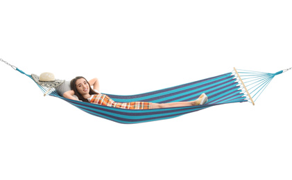 Photo of Woman resting in hammock on white background