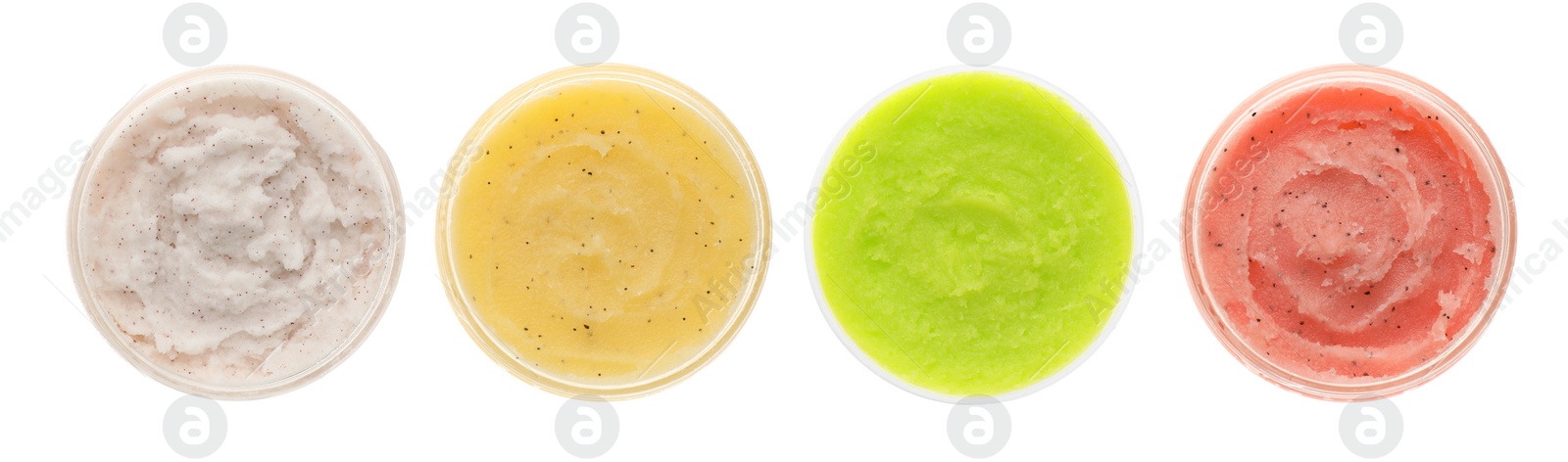 Image of Set with different body scrubs on white background, top view. Banner design