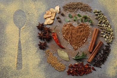 Photo of Flat lay composition with different spices and silhouette of spoon on grey textured table