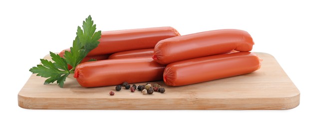 Photo of Fresh raw sausages, parsley and spices isolated on white. Meat product