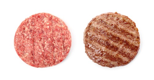 Image of Raw and grilled hamburger patties on white background, collage. Banner design