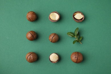 Photo of Tasty Macadamia nuts and leaves on green background, flat lay