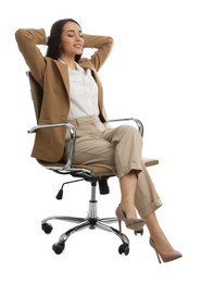 Photo of Young businesswoman relaxing in comfortable office chair on white background