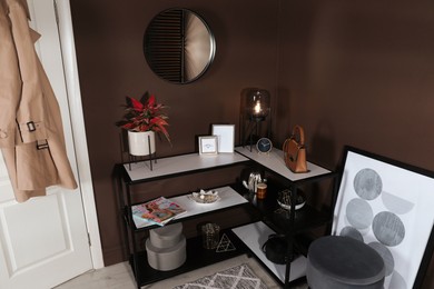 Photo of Hallway interior with console table and stylish decor, above view