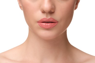 Woman wearing beautiful lip gloss on white background, closeup