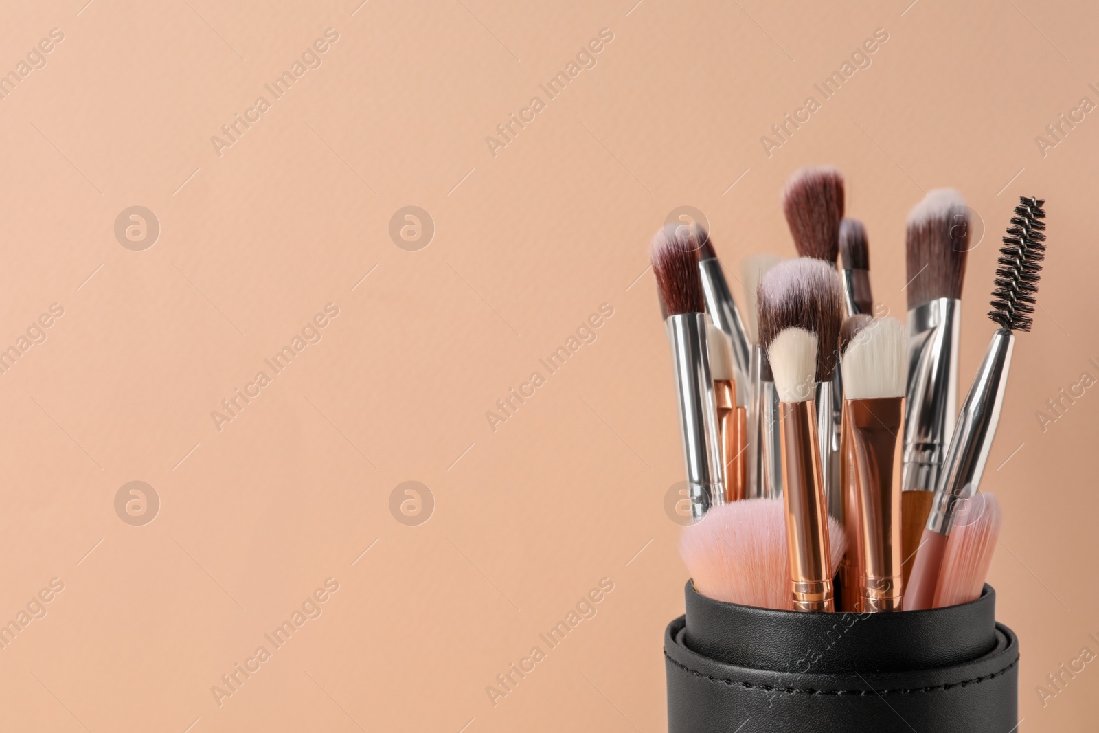 Photo of Set of professional makeup brushes on beige background, closeup. Space for text